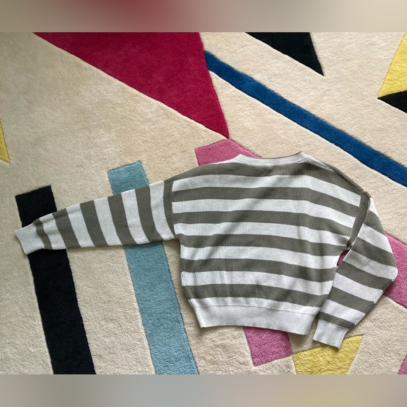 Brunello Cucinelli Olive Green Cream Striped Ribbed Cotton Sweater Monili XXS - Picture 5 of 9